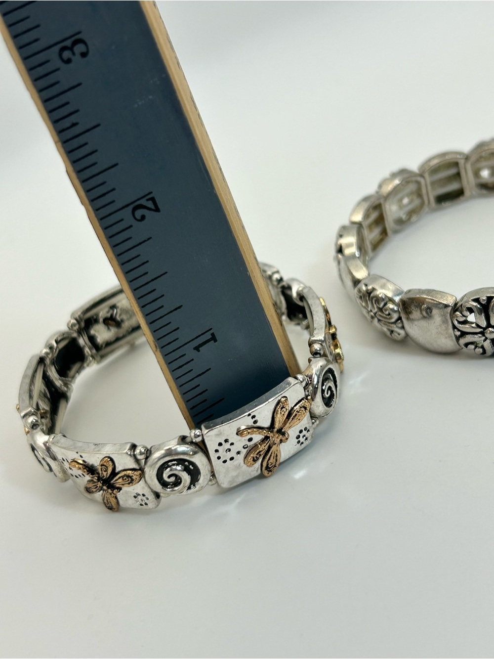 Silver & Gold-Tone Dragonfly Floral Stretch Bracelet Pair of 2 Vintage - Picture 12 of 13